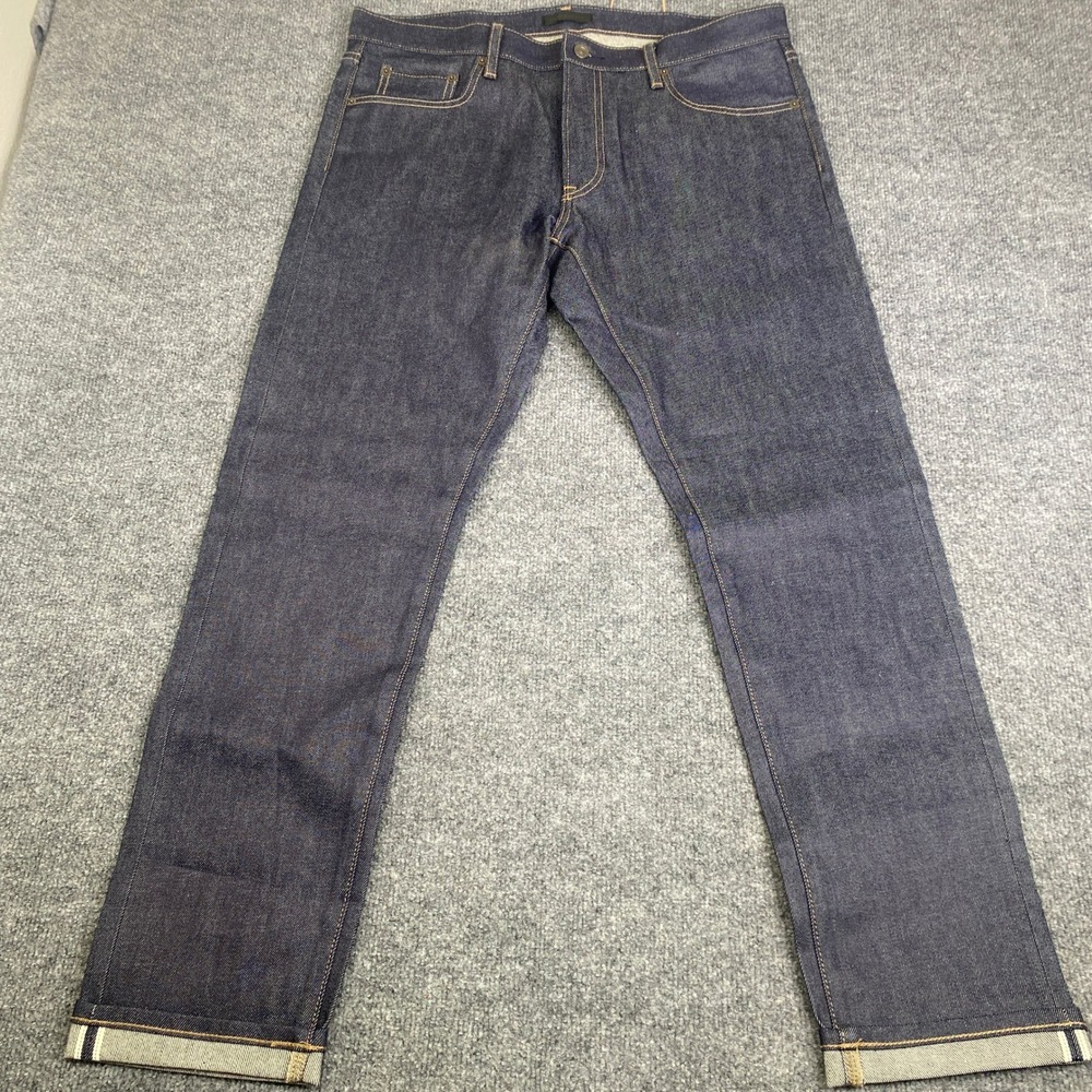 Uniqlo Jeans Mens 35x32 Dark Indigo Blue Straight Leg Stretch Denim Selvedge